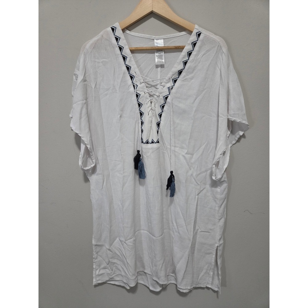 Time and Tru Womens White Embroidered Lace Up Swim Cover Up Tunic Large 12-14